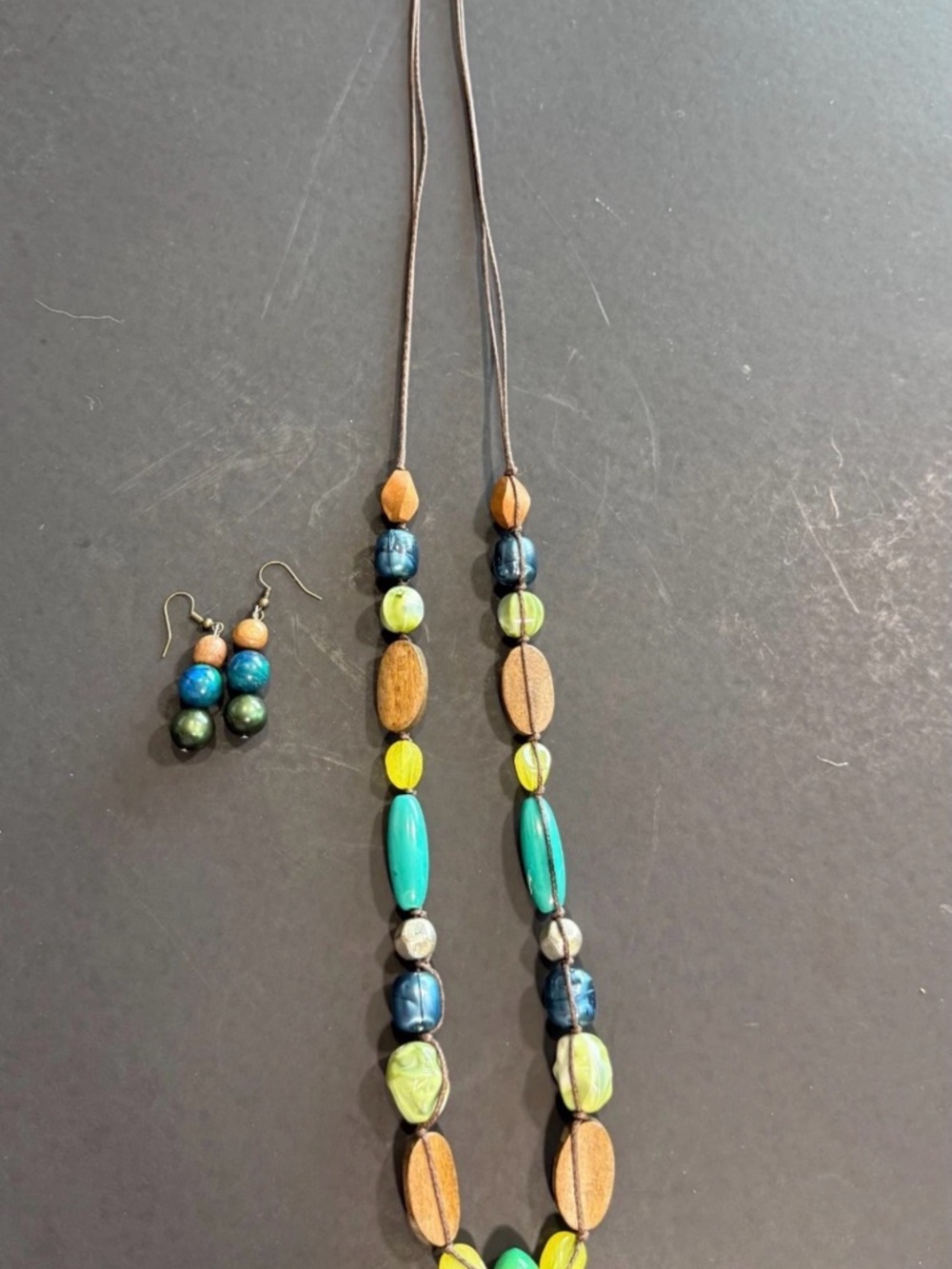Handmade Artisian Wooden & Resin Leather Beaded Necklace & Earring Set